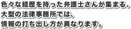 色々な経歴を持った弁護士さんが集まる、大型の法律事務所では、情報の打ち出し方が異なります。